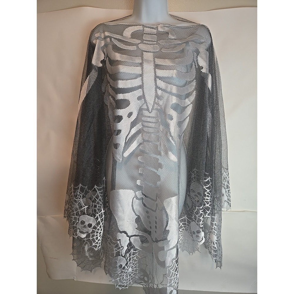 Heritage Lace Embroidered Skeleton Poncho Adult 60" x 60" Black Silver  Goth